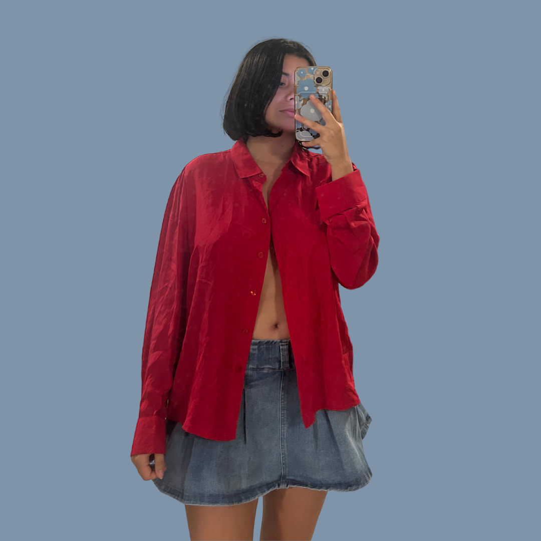 Red 100% Silk button-up Size S/M