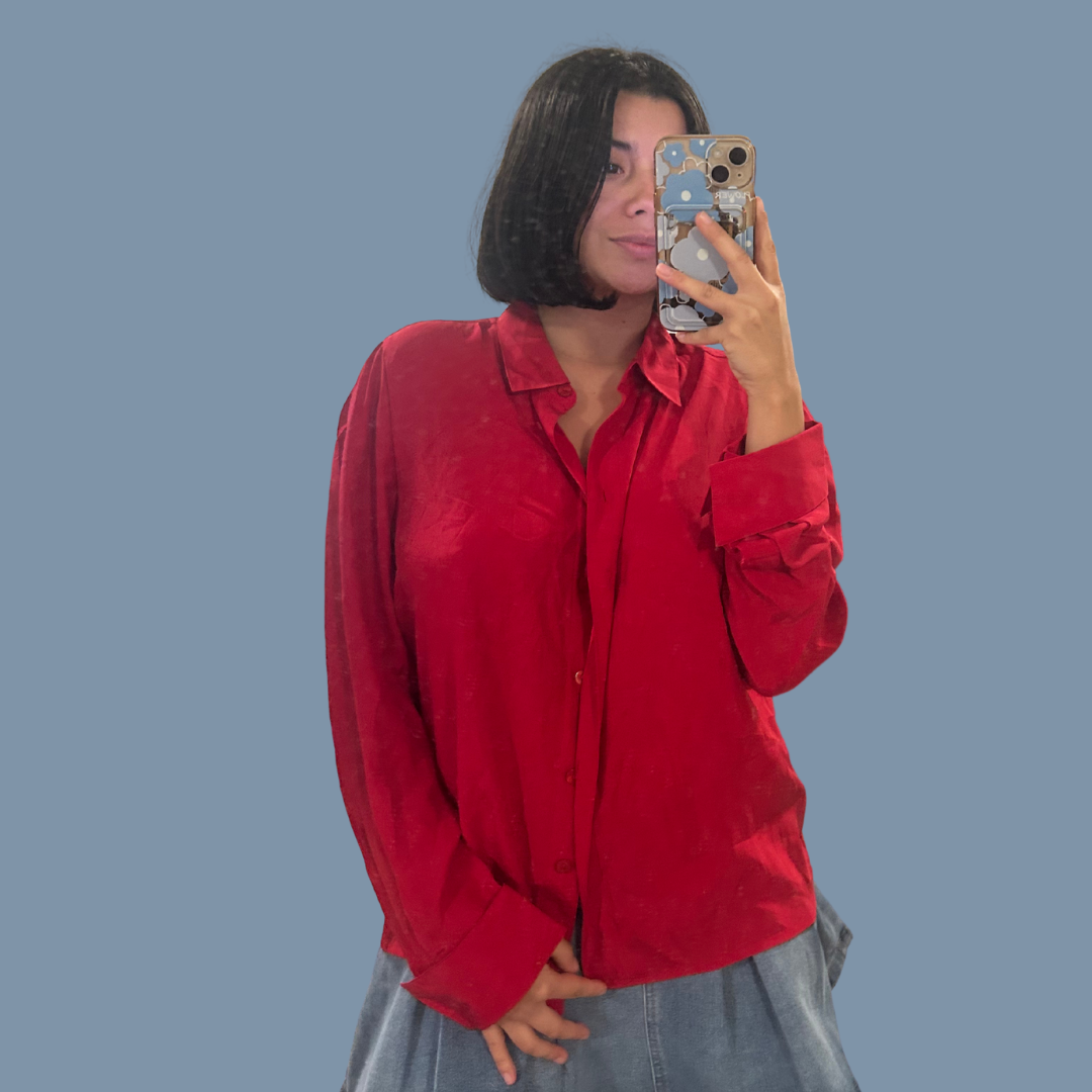 Red 100% Silk button-up Size S/M